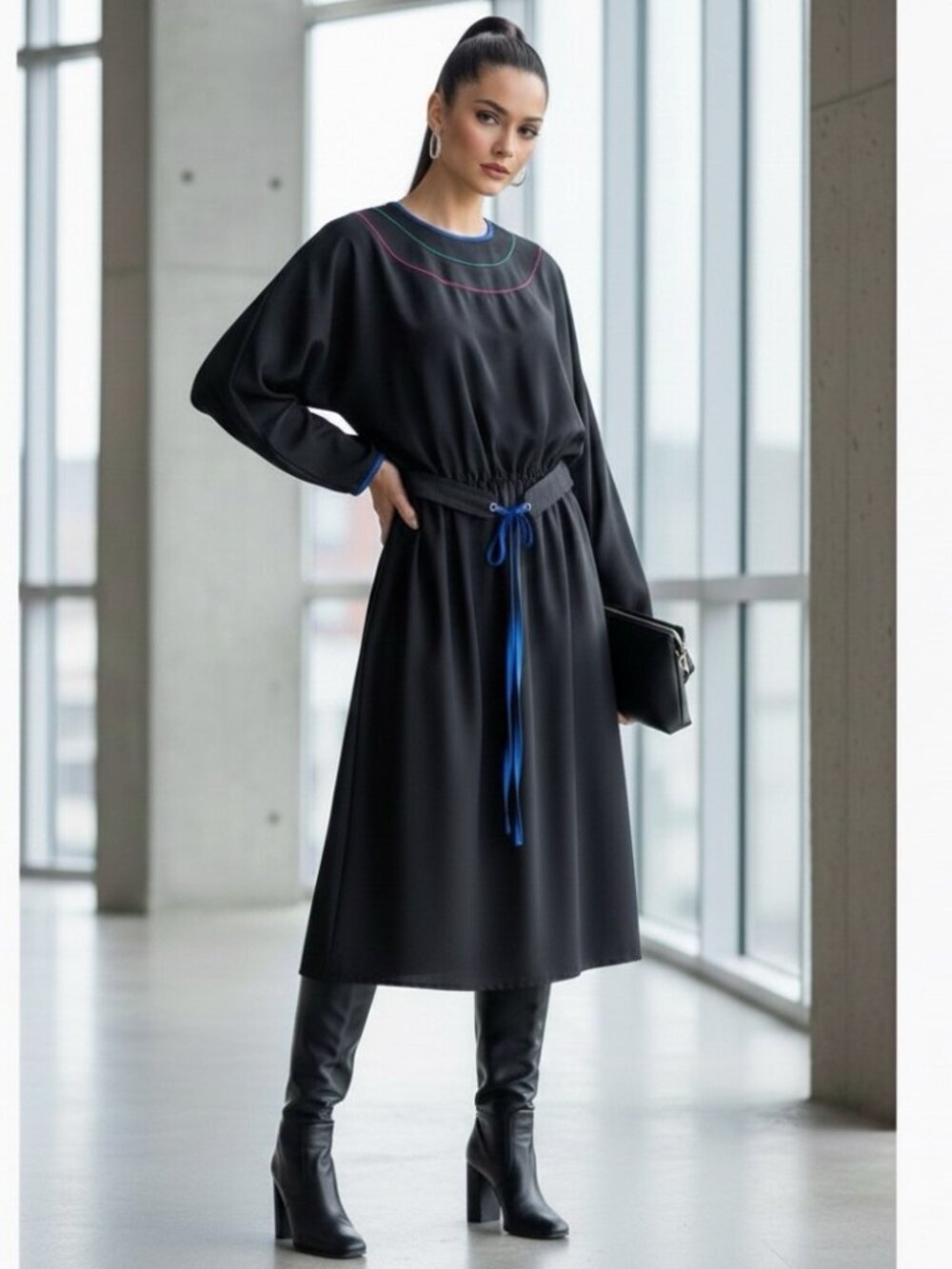 Vintage Black Long Sleeve Belted Midi Dress Size S
